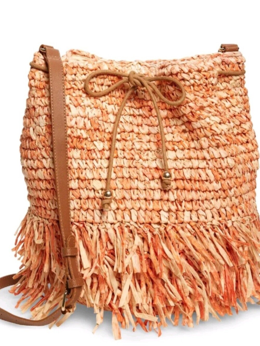 Nordstrom Marisol Straw Fringe Tote Bag In Orange NWT